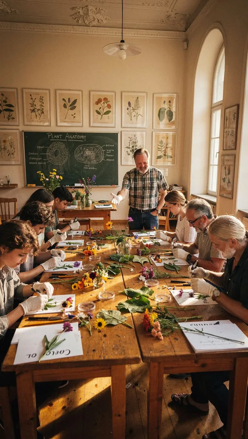 Ein Bild von Studenten, die an einem Online-Botanik-Kurs teilnehmen und Pflanzen untersuchen.